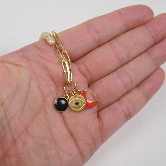 new in box! charm necklace pearl paperclip link toggle CZ stone moon - Picture 4 of 7